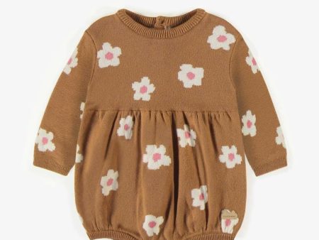 Souris Mini Light Brown Puffy One-Piece Knit Flower Pattern Size 6-9m Hot on Sale