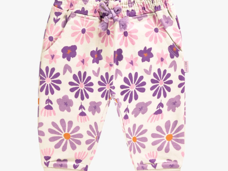 Souris Mini Cream Pants With Purple Floral Print In French Terry Baby For Sale