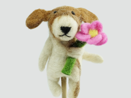 The Winding Road Felt Finger Dog with Pink Flower Fashion