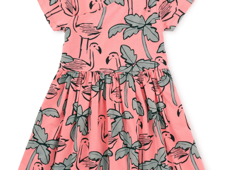 Tea Collection Short Sleeve Wrap Neck Dress Flamingo Sketch For Sale