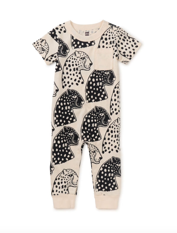 Tea Collection Pocket Baby Romper Block Print Jaguar For Sale