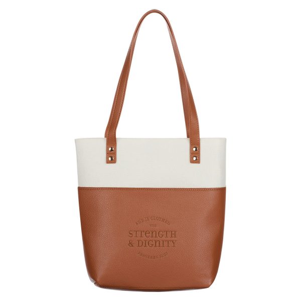 Strength & Dignity Two-tone Toffee and Cream Felt Fashion Bible Tote Bag - Proverbs 31:25 Online Hot Sale