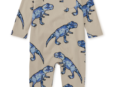 Tea Collection Long Sleeve Pocket Baby Romper T-Rex In Marble on Sale