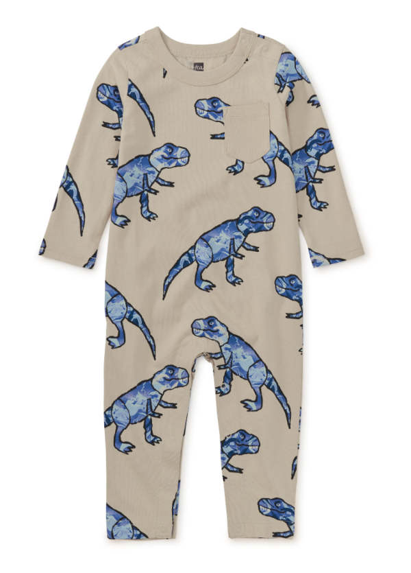 Tea Collection Long Sleeve Pocket Baby Romper T-Rex In Marble on Sale