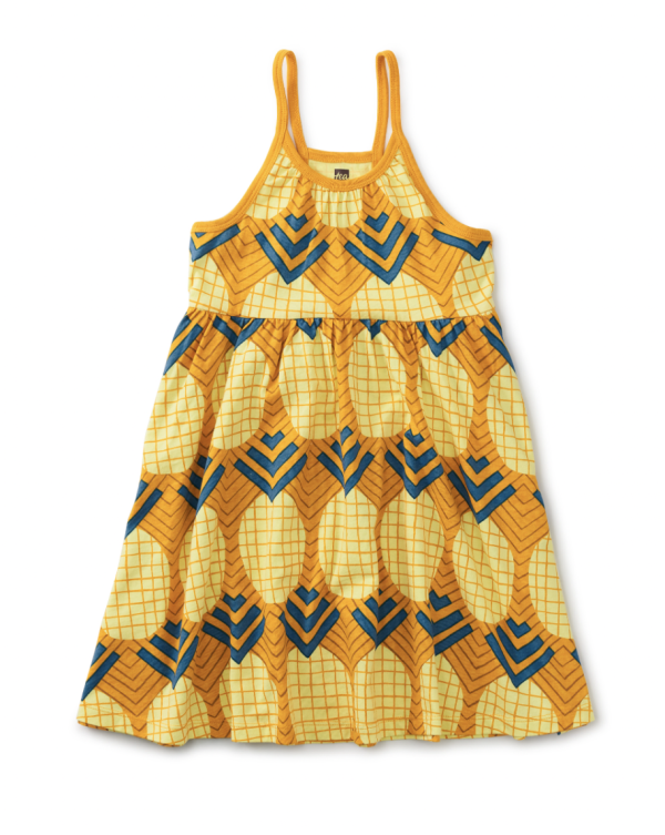 Tea Collection Spaghetti Strap Trapeze Dress Wax Print Pineapple In Gold Size 2 Years Hot on Sale